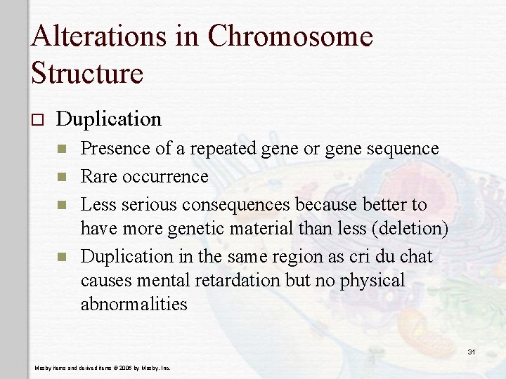 Alterations in Chromosome Structure o Duplication n n Presence of a repeated gene or