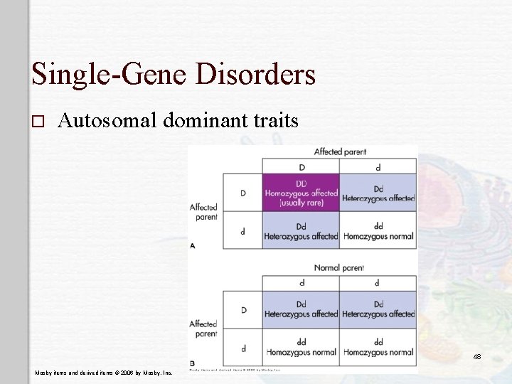 Single-Gene Disorders o Autosomal dominant traits 48 Mosby items and derived items © 2006