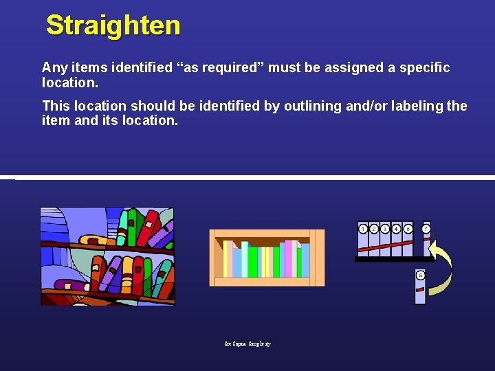 Straighten Any items identified “as required” must be assigned a specific location. This location