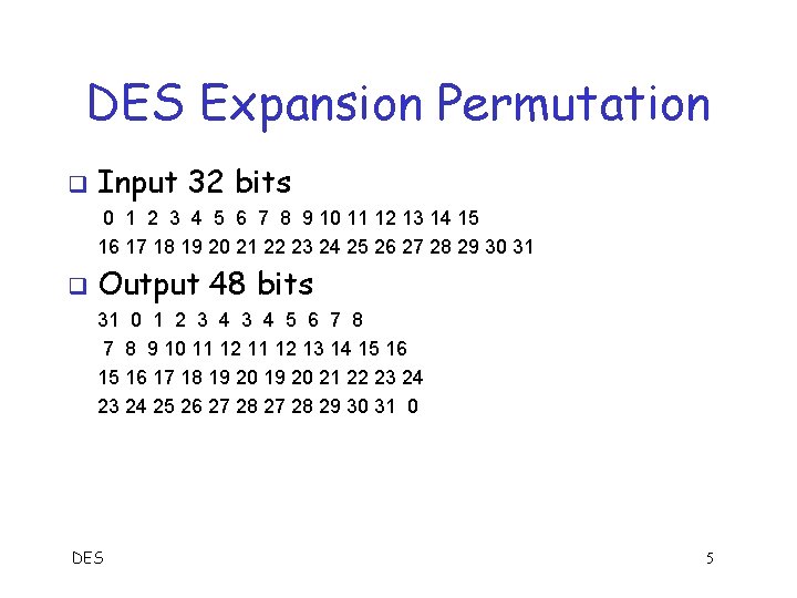 DES Expansion Permutation q Input 32 bits 0 1 2 3 4 5 6