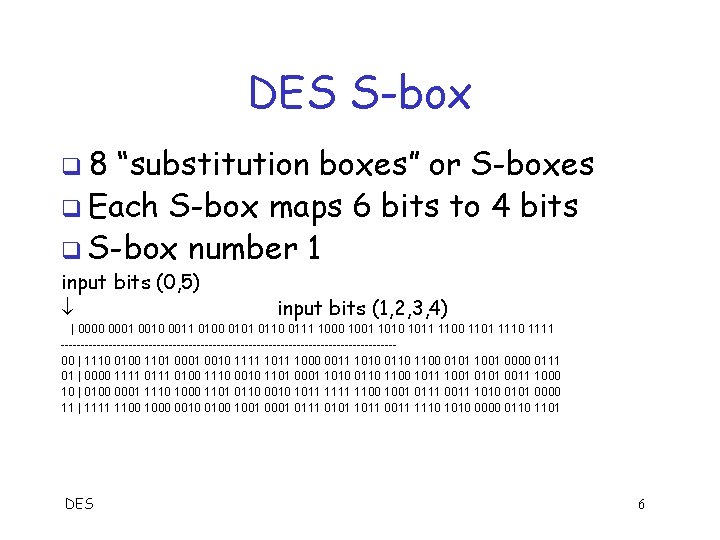DES S-box q 8 “substitution boxes” or S-boxes q Each S-box maps 6 bits