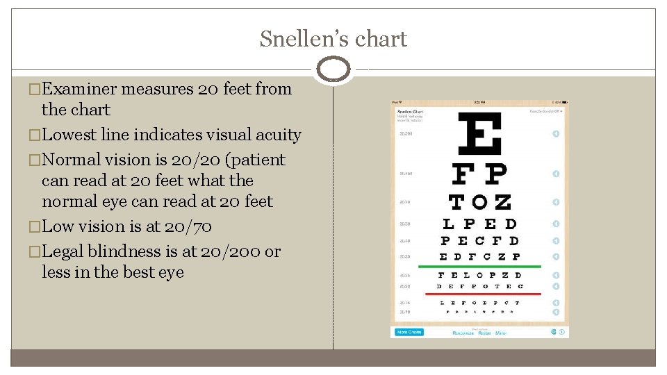 Snellen’s chart �Examiner measures 20 feet from the chart �Lowest line indicates visual acuity