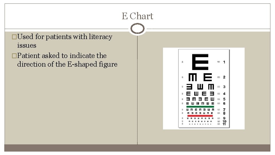 E Chart �Used for patients with literacy issues �Patient asked to indicate the direction