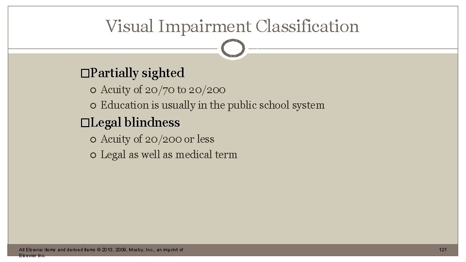 Visual Impairment Classification �Partially sighted Acuity of 20/70 to 20/200 Education is usually in