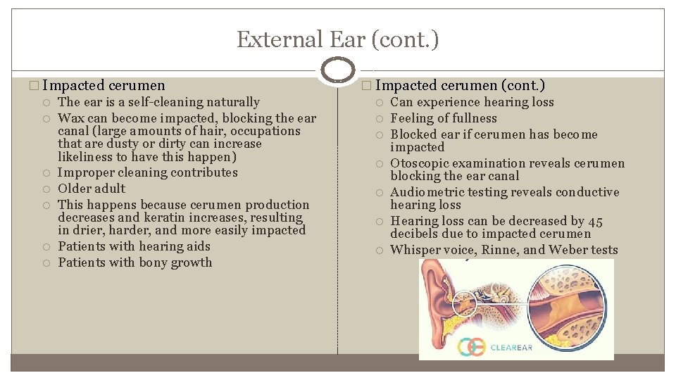External Ear (cont. ) � Impacted cerumen The ear is a self-cleaning naturally Wax