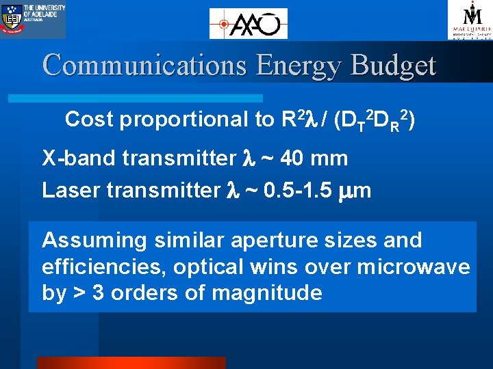 Communications Energy Budget Cost proportional to R 2 / (DT 2 DR 2) X-band