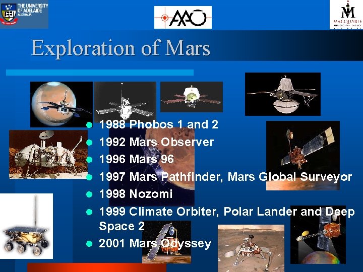 Exploration of Mars l l l l 1988 Phobos 1 and 2 1992 Mars