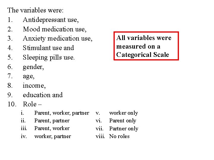 The variables were: 1. Antidepressant use, 2. Mood medication use, 3. Anxiety medication use,