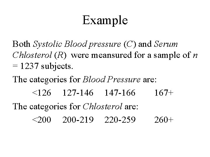 Example Both Systolic Blood pressure (C) and Serum Chlosterol (R) were meansured for a