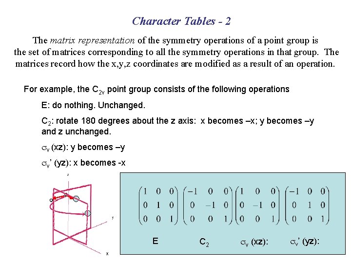 Character Tables - 2 The matrix representation of the symmetry operations of a point