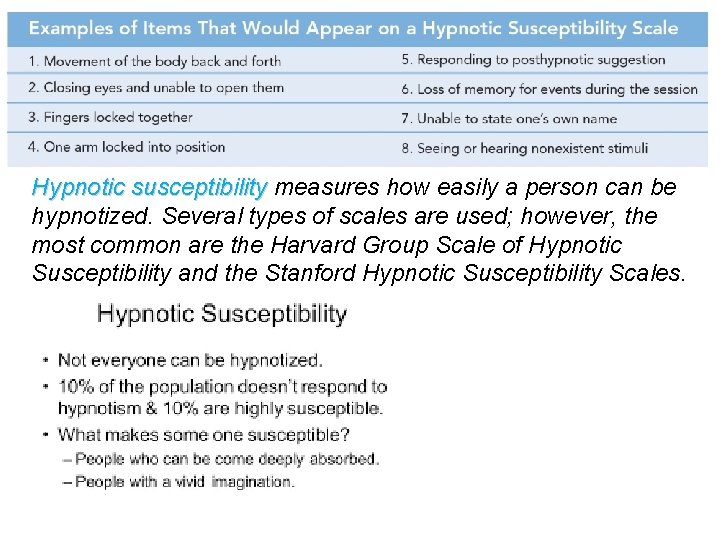 Hypnotic susceptibility measures how easily a person can be Hypnotic susceptibility hypnotized. Several types