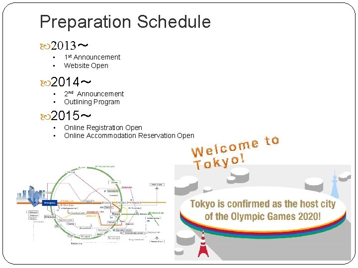 Preparation Schedule 2013～ • • 1 st Announcement Website Open 2014～ • • 2