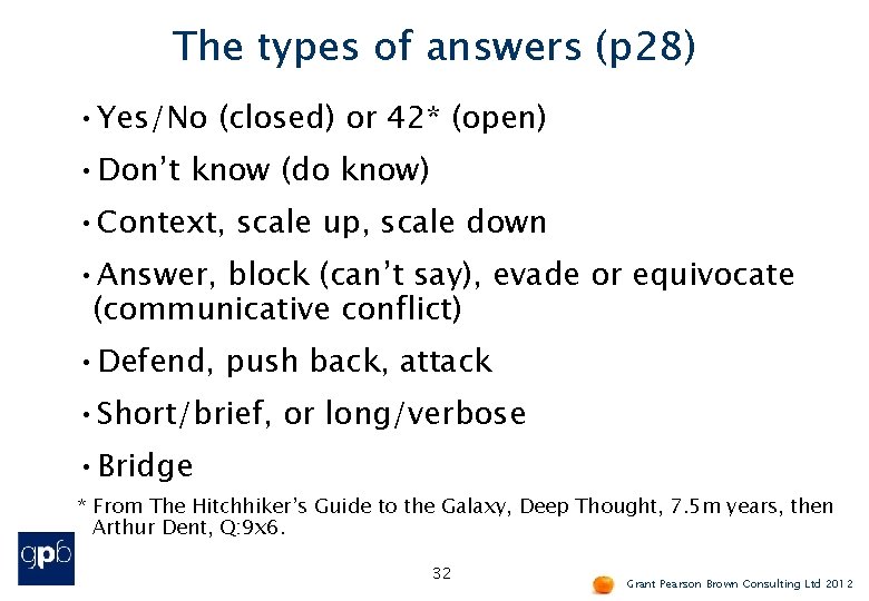 The types of answers (p 28) • Yes/No (closed) or 42* (open) • Don’t