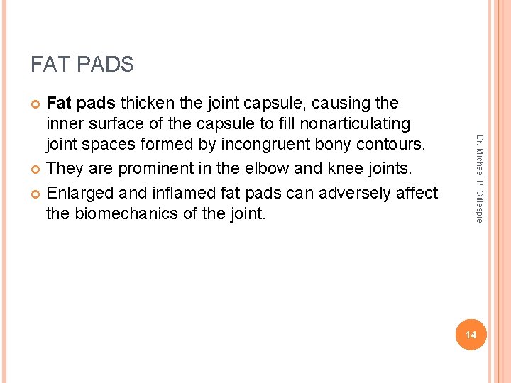 FAT PADS Fat pads thicken the joint capsule, causing the inner surface of the