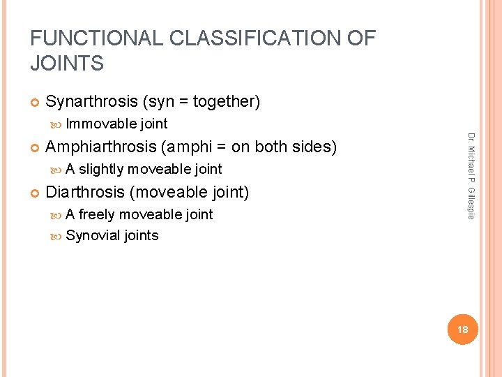 FUNCTIONAL CLASSIFICATION OF JOINTS Synarthrosis (syn = together) Immovable Amphiarthrosis (amphi = on both