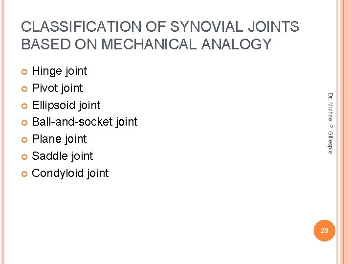 CLASSIFICATION OF SYNOVIAL JOINTS BASED ON MECHANICAL ANALOGY Hinge joint Pivot joint Ellipsoid joint