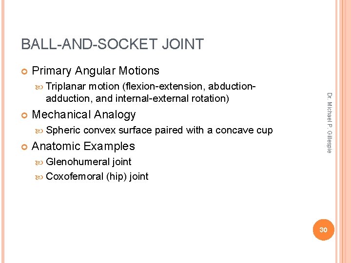 BALL-AND-SOCKET JOINT Primary Angular Motions Triplanar Mechanical Analogy Spheric convex surface paired with a