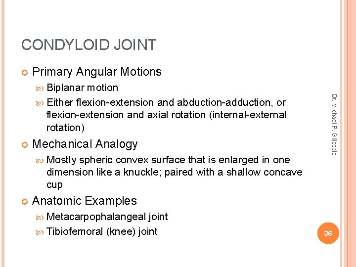 CONDYLOID JOINT Primary Angular Motions Biplanar Mechanical Analogy Mostly spheric convex surface that is