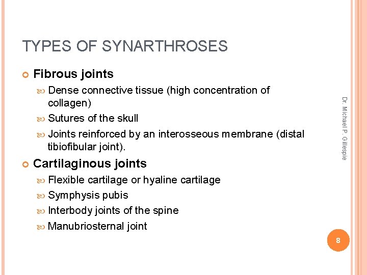 TYPES OF SYNARTHROSES Fibrous joints Dense Dr. Michael P. Gillespie connective tissue (high concentration