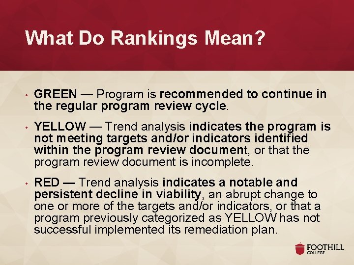 What Do Rankings Mean? • GREEN — Program is recommended to continue in the What Do Rankings Mean? • GREEN — Program is recommended to continue in the