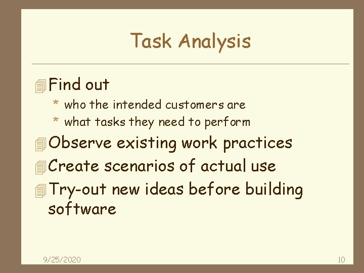 Task Analysis 4 Find out * who the intended customers are * what tasks