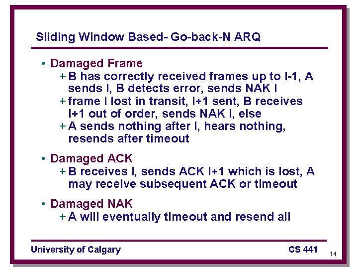 Sliding Window Based- Go-back-N ARQ • Damaged Frame + B has correctly received frames