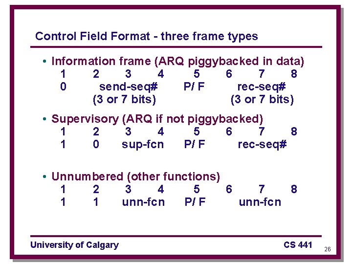 Control Field Format - three frame types • Information frame (ARQ piggybacked in data)