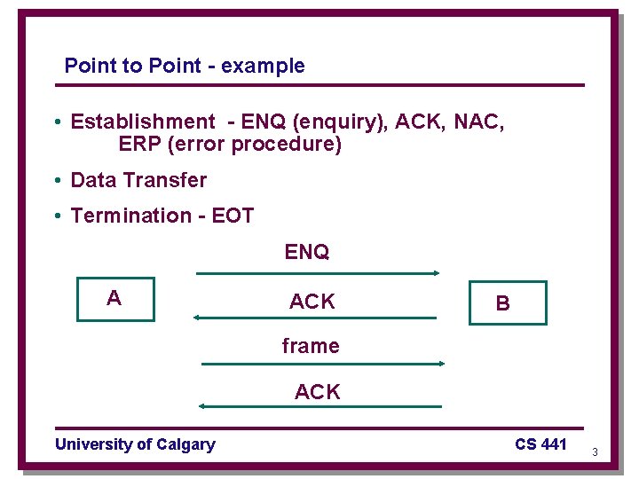 Point to Point - example • Establishment - ENQ (enquiry), ACK, NAC, ERP (error