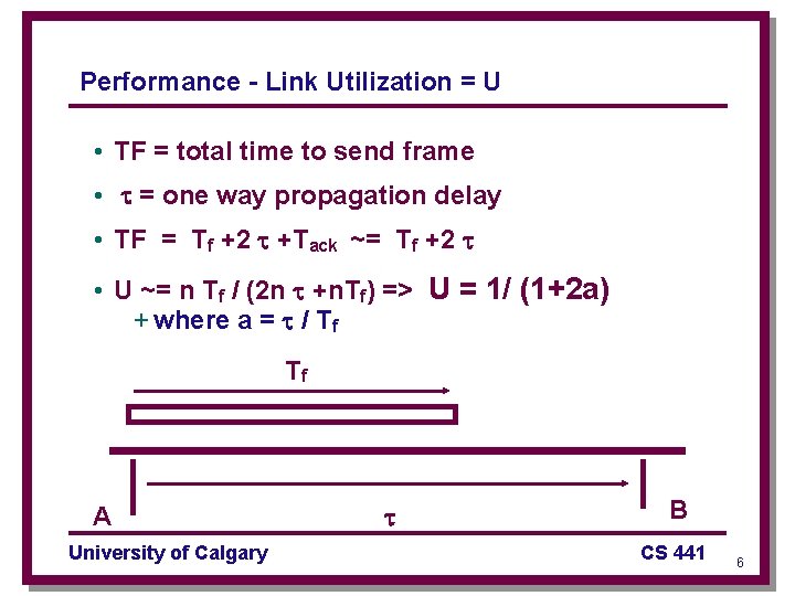 Performance - Link Utilization = U • TF = total time to send frame