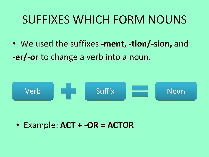 SUFFIXES WHICH FORM NOUNS • We used the suffixes -ment, -tion/-sion, and -er/-or to