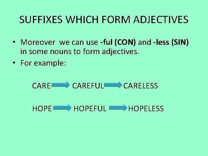 SUFFIXES WHICH FORM ADJECTIVES • Moreover we can use -ful (CON) and -less (SIN)
