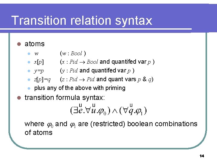 Transition relation syntax l atoms l l l w (w : Bool ) x[p]