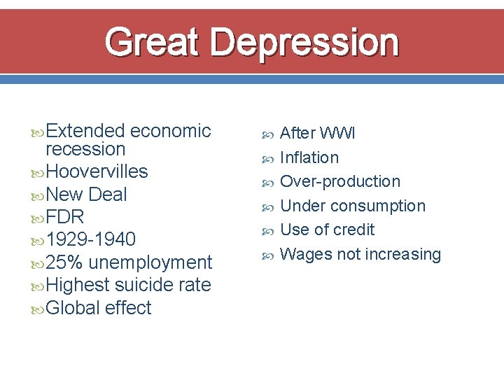 Great Depression Extended economic recession Hoovervilles New Deal FDR 1929 -1940 25% unemployment Highest
