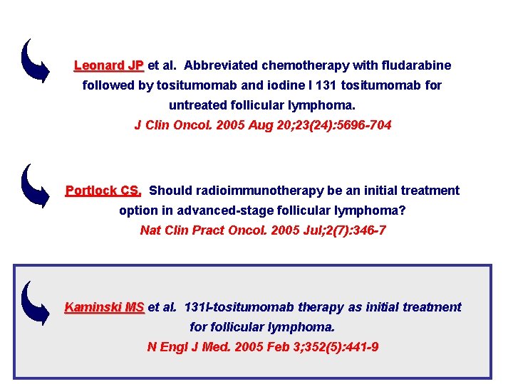 Leonard JP et al. Abbreviated chemotherapy with fludarabine followed by tositumomab and iodine I