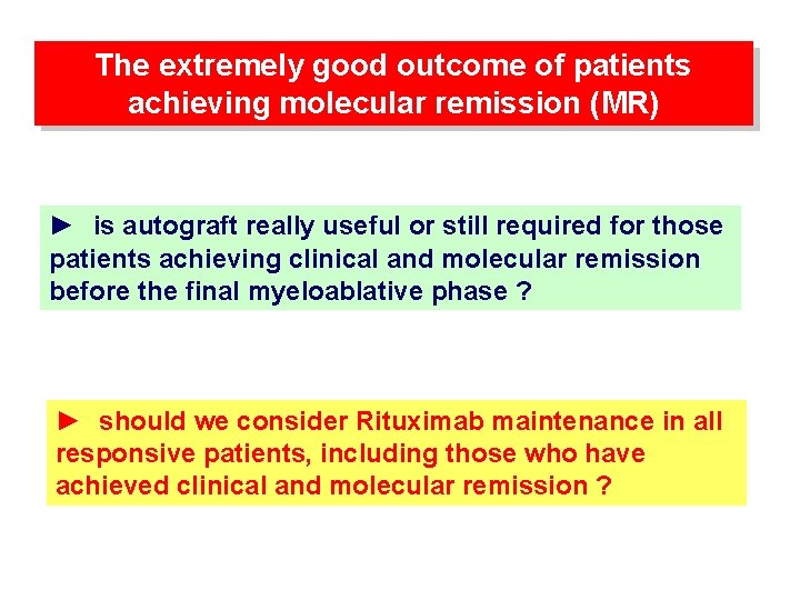 The extremely good outcome of patients achieving molecular remission (MR) ► is autograft really