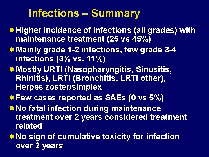 Infections – Summary l Higher incidence of infections (all grades) with maintenance treatment (25