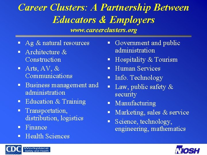 Career Clusters: A Partnership Between Educators & Employers www. careerclusters. org § Ag &