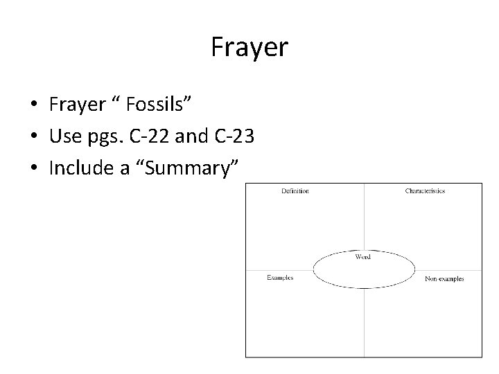 Frayer • Frayer “ Fossils” • Use pgs. C-22 and C-23 • Include a Frayer • Frayer “ Fossils” • Use pgs. C-22 and C-23 • Include a