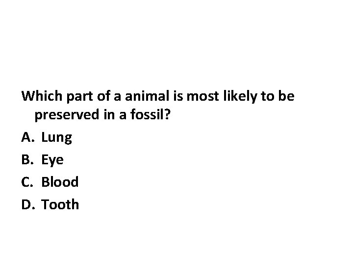Which part of a animal is most likely to be preserved in a fossil? Which part of a animal is most likely to be preserved in a fossil?