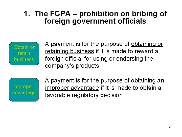 1. The FCPA – prohibition on bribing of foreign government officials Obtain or retain
