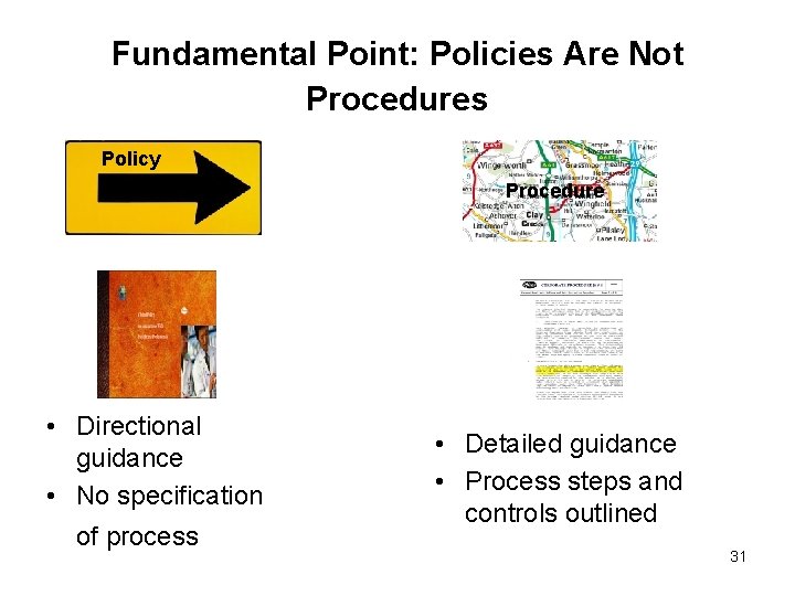 Fundamental Point: Policies Are Not Procedures Policy Procedure • Directional guidance • No specification