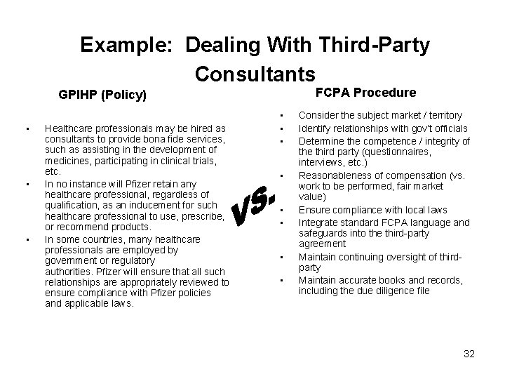 Example: Dealing With Third-Party Consultants FCPA Procedure GPIHP (Policy) • • • Healthcare professionals