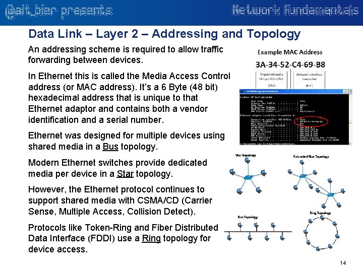 Data Link – Layer 2 – Addressing and Topology An addressing scheme is required