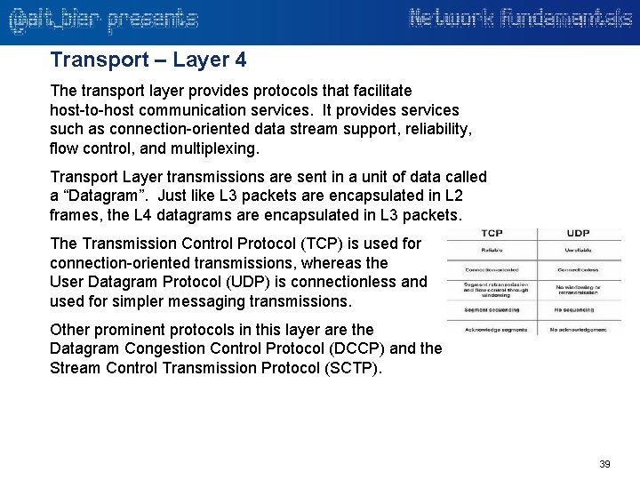 Transport – Layer 4 The transport layer provides protocols that facilitate host-to-host communication services.