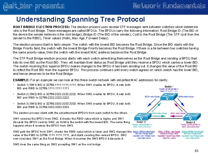 Understanding Spanning Tree Protocol ROOT BRIDGE ELECTION PROCESS: The election process uses several STP