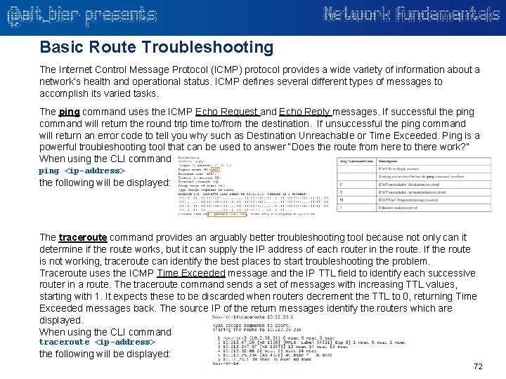 Basic Route Troubleshooting The Internet Control Message Protocol (ICMP) protocol provides a wide variety