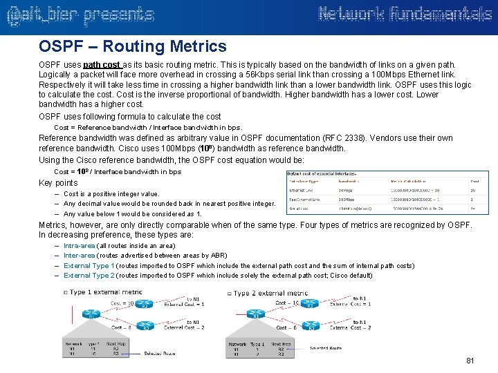 OSPF – Routing Metrics OSPF uses path cost as its basic routing metric. This