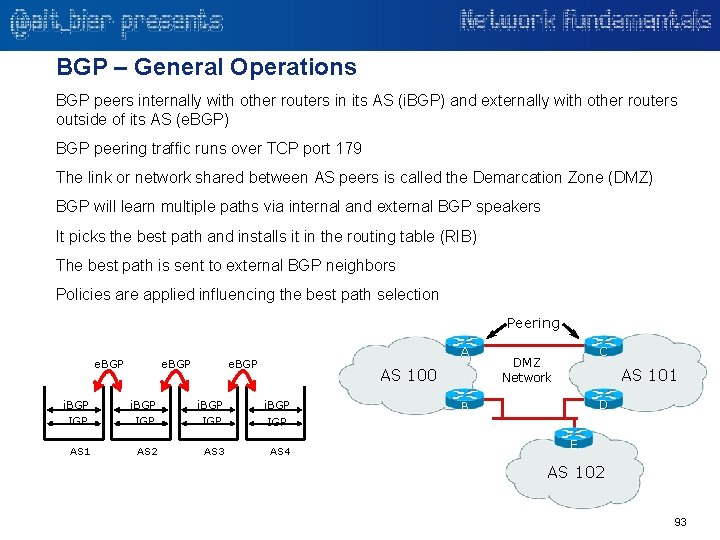 BGP – General Operations BGP peers internally with other routers in its AS (i.