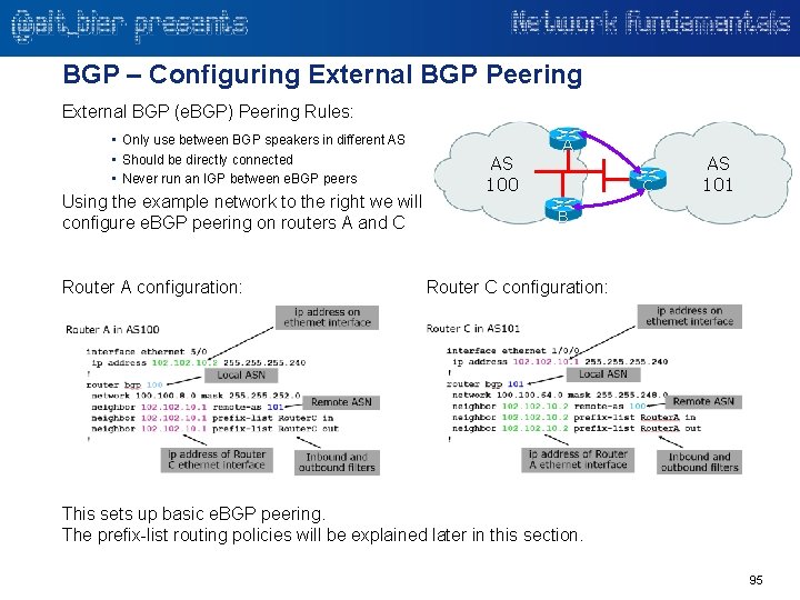 BGP – Configuring External BGP Peering External BGP (e. BGP) Peering Rules: • Only