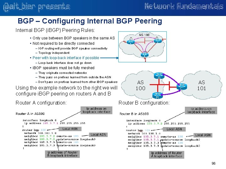 BGP – Configuring Internal BGP Peering Internal BGP (i. BGP) Peering Rules: • Only